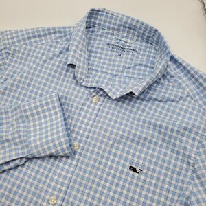 Vineyard Vines Mens OTG Performance Gingham Blue White Long Sleeve Medium  Shirt